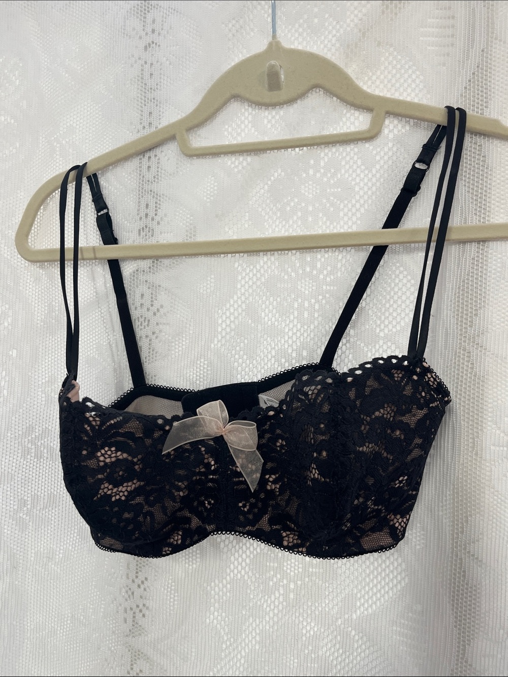 B.tempt’d Black Lace Balconette Bra with Sheer Accent Bow 32DD